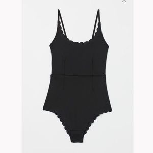 Black Padded Cup One Piece Swimsuit Scallop Trim